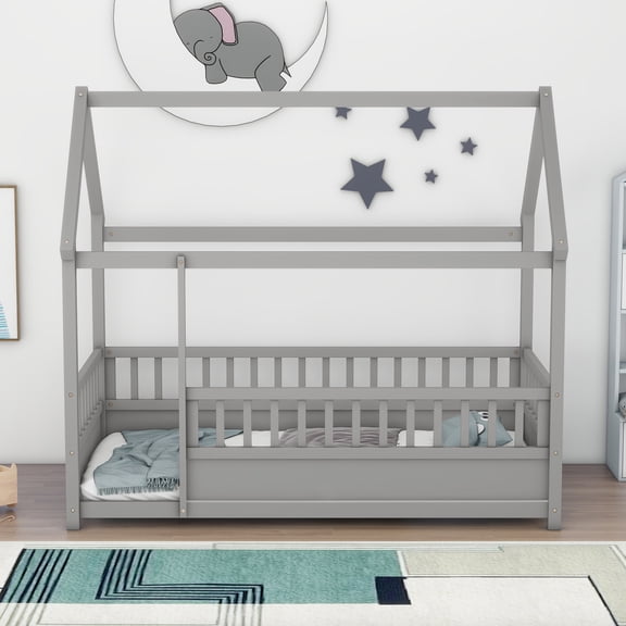 Bed Frames Twin Size Floor Wooden Bed with House Roof Frame, Fence Guardrails,Grey,Adjustable Bed Base