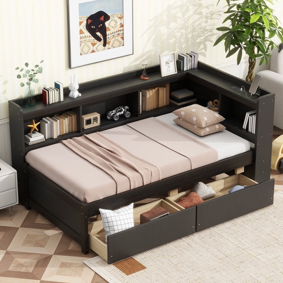 Bed Frames Twin Size L-shaped Bookcases Bed with Power Outlets, USB Charging Ports,Two Drawers,Espresso,Storage Beds Frames