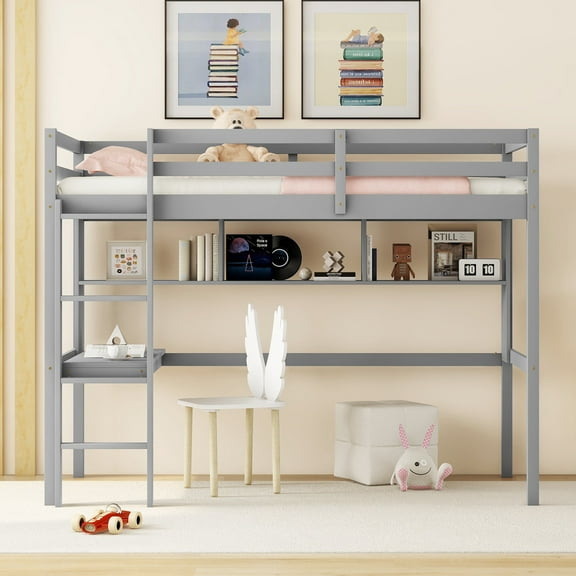 Bed Frames Twin Size Loft Bed with desk and shelves, Safety Guardrail and ladder,Grey,Adjustable Bed Base