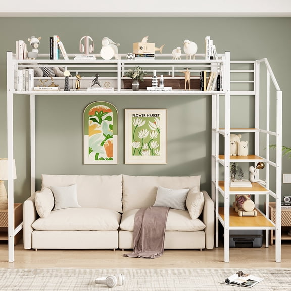 Bed Frames Twin Size Metal Loft Bed with Upper Grid Storage Shelf and Lateral Storage Ladder, White(OLD SKU: SF000081AAK),Adjustable Bed Base