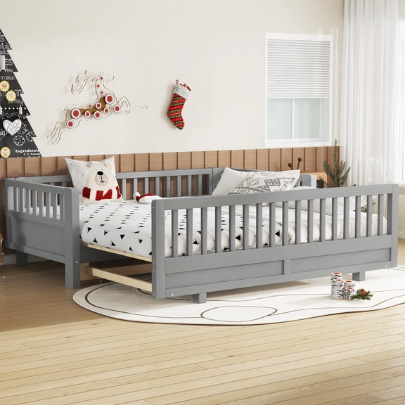 Bed Frames Twin Size Platform Bed with Guardrails, Solid Wood Twin Bed Frame, Can Be Converted into a Double Twin Platform Bed,Grey,Storage Beds Frames