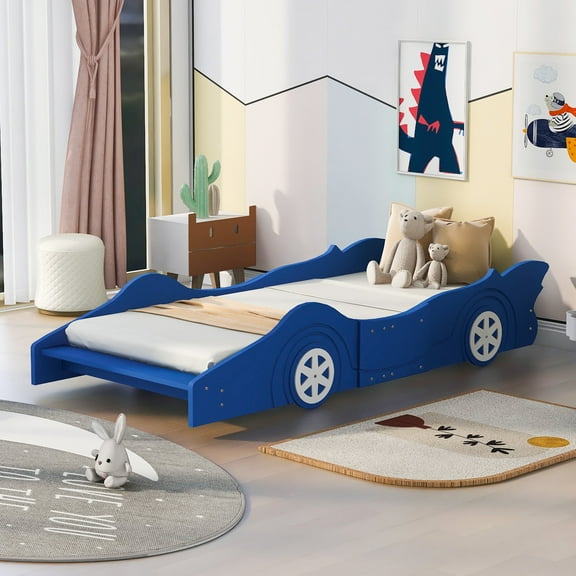 Bed Frames Twin Size Race Car-Shaped Platform Bed with Wheels,Blue,Adjustable Bed Base