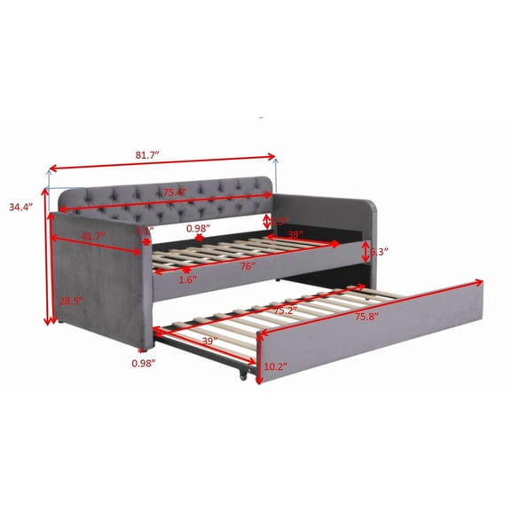 Bed Frames Twin Size Upholstered Daybed with Trundle and USB Charging Design, Velvet Upholstered Daybed Frame, Twin Sofa Bed for Living Room Bedroom, No Box Spring Needed,Plush velvet fabric dark gre