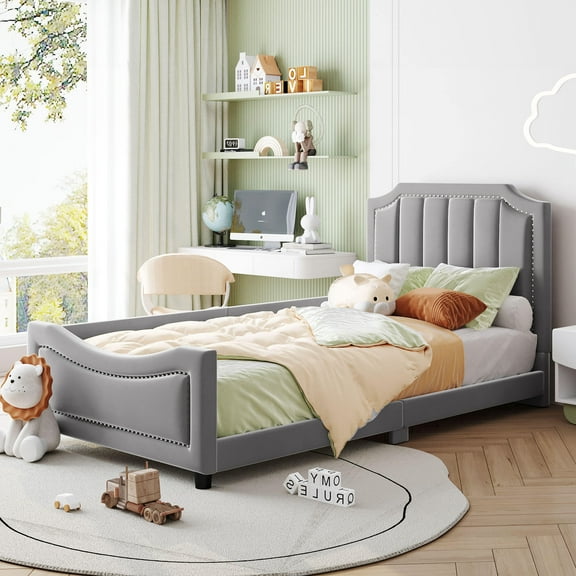Bed Frames Twin Size Upholstered Daybed with Classic Stripe Shaped Headboard, Gray,Adjustable Bed Base