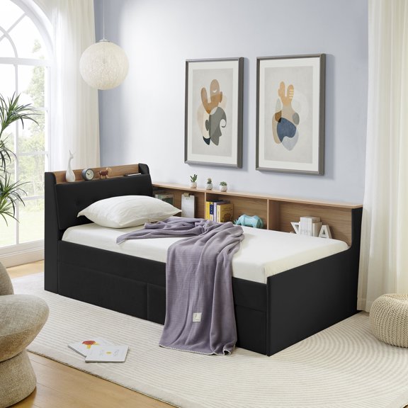 Bed Frames Twin Size Upholstery Velvet Day Bed with Storage Headboard and Wireless Charging, Multi-functional Daybed with Two Storage Drawers & LED Lights, Black,Adjustable Bed Base