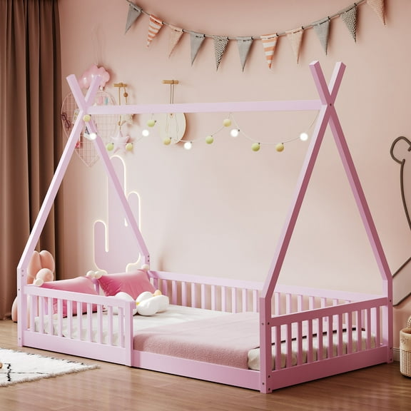 Bed Frames, Twin Size Wood House Bed with Fence, Pink, Pink Adjustable Bed Base,Pine Storage Beds Frames, Furniture Bedroom Furniture Beds, Frames & Bases Twin Size Wood House Bed with Fence, Pink
