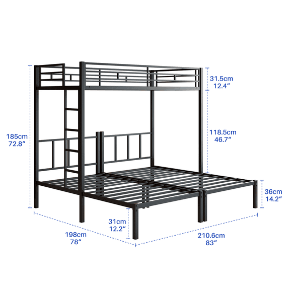 Bed Frames Twin Over Twin Over Twin Bunk Bed, Metal Triple Twin Bed with Safety Guardrails and Ladder, Convertible 3 Beds, for Dorm,Guest Room, No Boxing Spring Needed, Black,Adjustable Bed Base