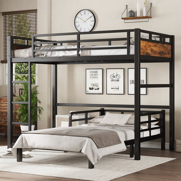 Bed Frames Twin XL over Twin XL Metal Bunk Bed/Metal Loft Bed and Metal Platform Beds,with raised security fence,Vintage Wood-colored,Storage Beds Frames