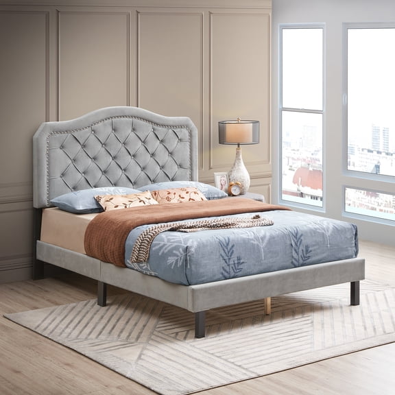 Bed Frames Upholstered Bed Button Tufted with Curve Design - Strong Wood Slat Support - Easy Assembly - Gray Velvet - platform bed - Queen,Adjustable Bed Base