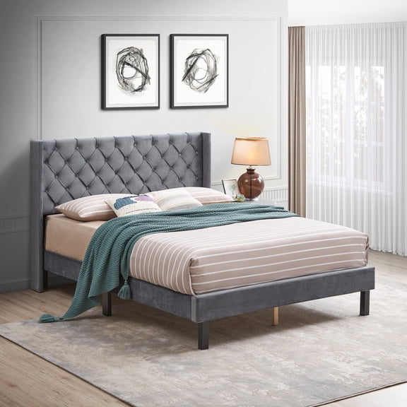 Bed Frames Velvet Button Tufted-Upholstered Bed with Wings Design - Strong Wood Slat Support - Easy Assembly - Gray, Queen, platform bed,Storage Beds Frames