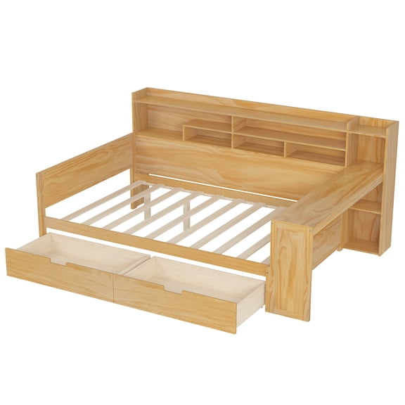 Bed Frames Wooden Full Size Daybed with Storage Shelves, Multi-functional Bed with Two Storage Drawers and Study Desk, Natural (Old SKU: HL000089AAM),Storage Beds Frames