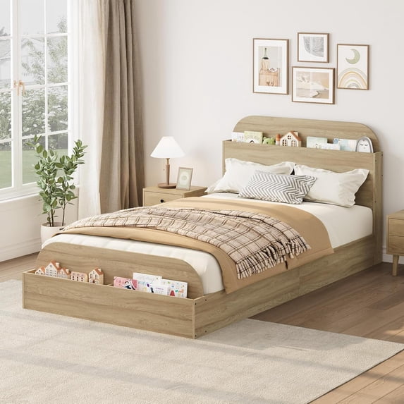Bed Frames with Storage Headboard, Farmhouse Platform Bed Frame, Wood Slats Support, Noise Free, No Box Spring Needed