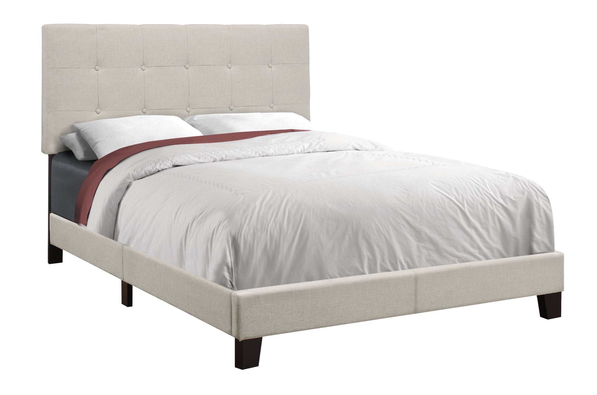 Full Size Beige Linen Upholstered Bed with Tufted Headboard