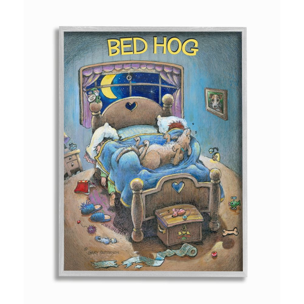 Bed Hog Funny Pet Dog Cartoon Design Gray Farmhouse Rustic Oversized Framed Giclee Texturized Art by Gary Patterson