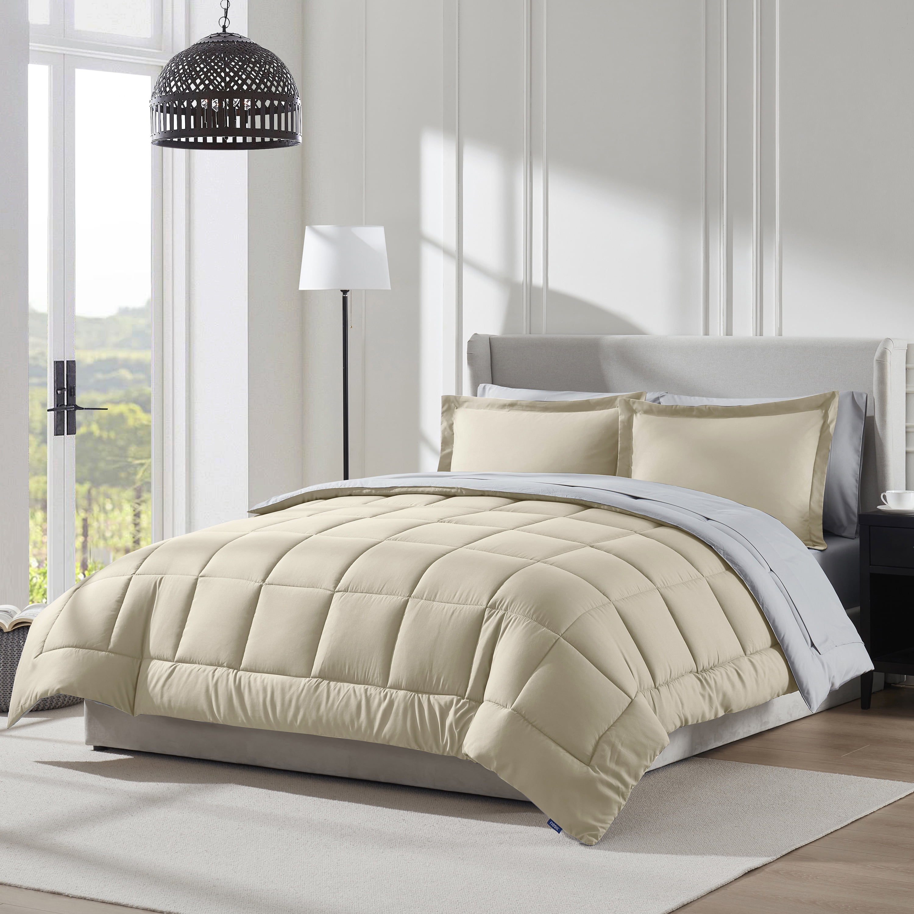 Beige Queen Reversible Microfiber Down Alternative Bed in a Bag Set