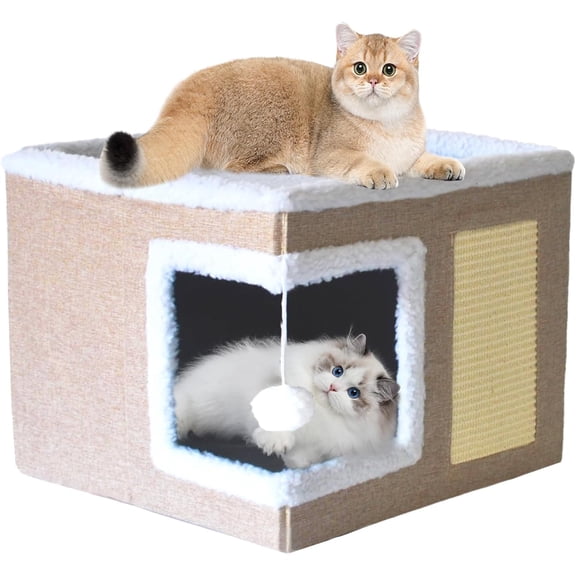 Bed for Indoor Cats Cube House,Large Covered  Beds Cave & Furniture with Fluffy Ball and Scratch Pad Foldable Hideaway Nest & Condo with Washable Mat for Kitten Kitty Small Pet(Beige)