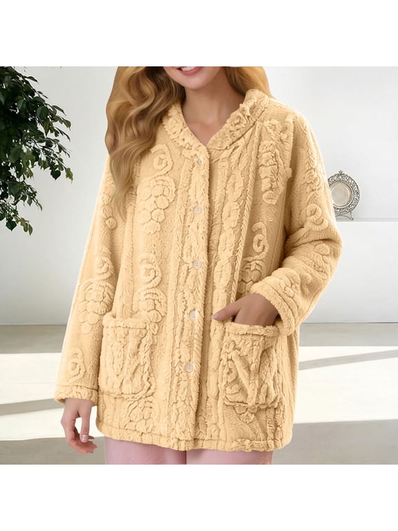 Bed Jacket for Women Fuzzy Fleece Button Up Loungewear Pajama Top Soft Warm Winter Coat with Pockets ZDNIXIAN Ladies Nightshirts for Sleep