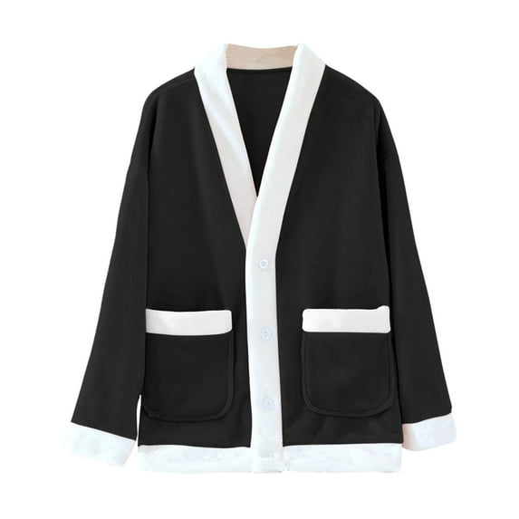 Fleece Jacket Women Cozy Warm Bed Jackets for Elderly Women Fuzzy V Neck Button Up Sleepwear Long Sleeve Winter Coat Black S