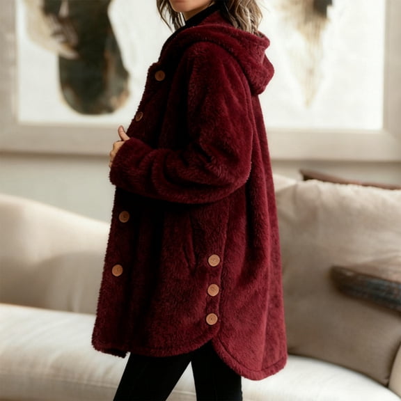 Bed Jackets for Women Winter Coats for Women Plus Size Plus Size Coats Fuzzy Fleece Jacket for Women Lightweight Cozy Button Hooded Shirts Womens Winter Coats Causal Plus Size Bed Jackets, Wine-XXL