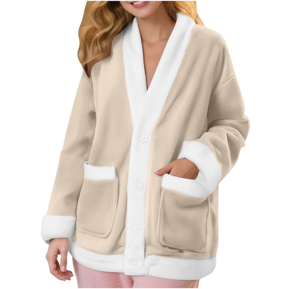 Bed Jackets for Women Cozy Warm Fleece Cardigans Soft Fuzzy Vneck Button Up Sleepwear Flannel Long Sleeve Winter Coat, Beige, L
