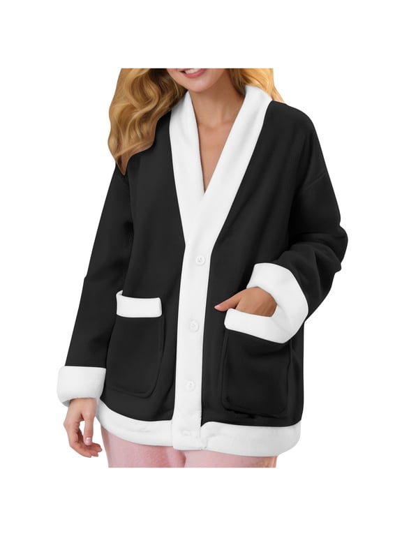 Bed Jackets for Women Cozy Warm Fleece Cardigans Soft Fuzzy Vneck Button Up Sleepwear Flannel Long Sleeve Winter Coat, Black, L