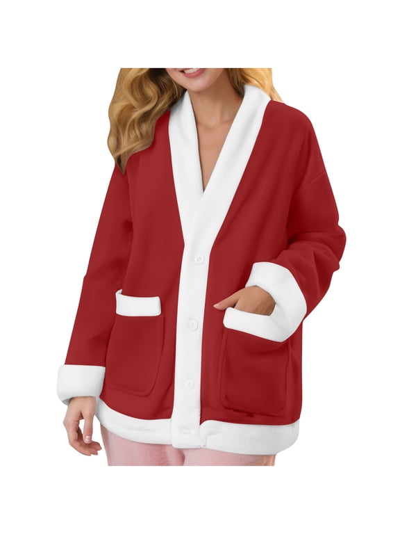 Bed Jackets for Women Cozy Warm Fleece Cardigans Soft Fuzzy Vneck Button Up Sleepwear Flannel Long Sleeve Winter Coat, Wine, L