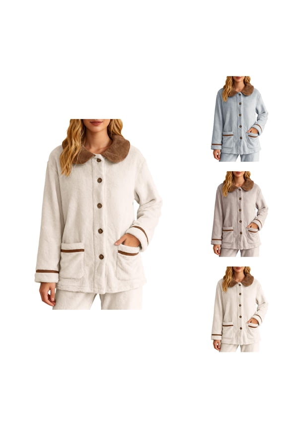 Bed Jackets for Women Fall Winter Long Sleeve Casual Button Down Peter Pan Collar Jacket with Pockets