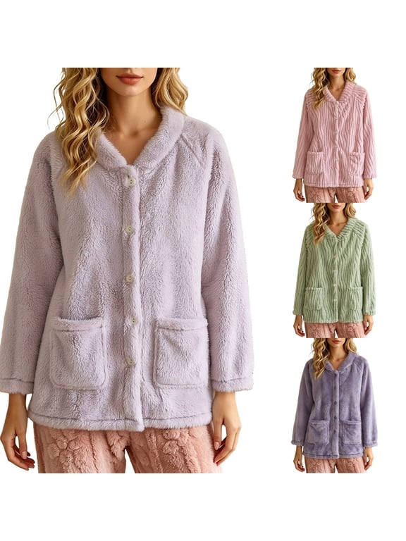 Bed Jackets for Women Fuzzy Fleece Button Up Loungewear Pajama Jackets Tops Women Winters Clothes (Light Purple XL)