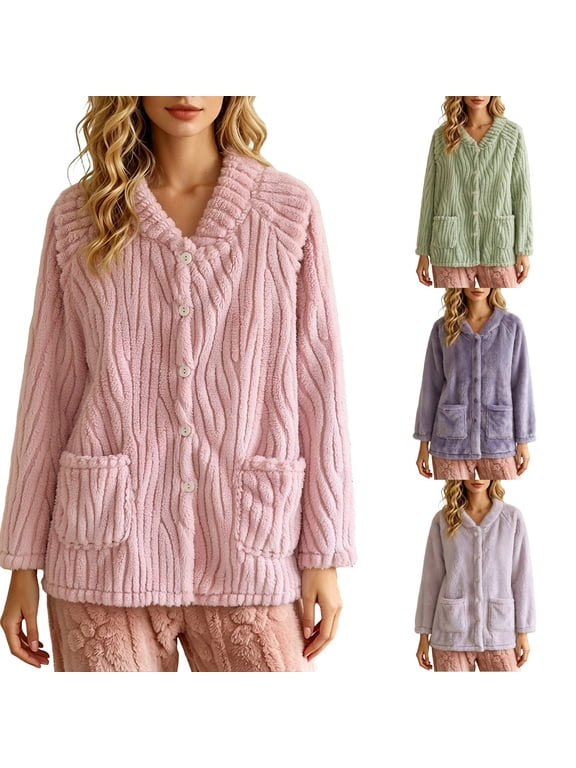 Bed Jackets for Women Fuzzy Fleece Button Up Loungewear Pajama Jackets Tops Women Winters Clothes (Pink M)