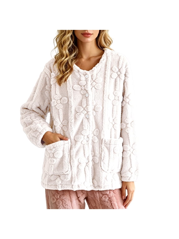 Bed Jackets for Women Plus Size Fuzzy Fleece Long Sleeve Button Up Cozy Sweaters Loungewear Winter Warm Sherpa Jacket Coat Beige L