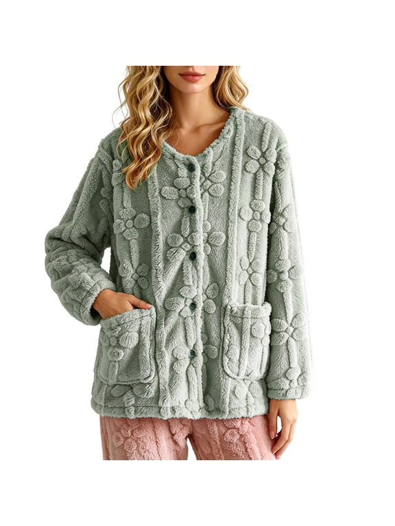 Bed Jackets for Women Plus Size Fuzzy Fleece Long Sleeve Button Up Cozy Sweaters Loungewear Winter Warm Sherpa Jacket Coat Blue M