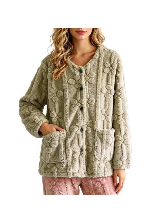 Bed Jackets for Women Plus Size Fuzzy Fleece Long Sleeve Button Up Cozy Sweaters Loungewear Winter Warm Sherpa Jacket Coat Green L