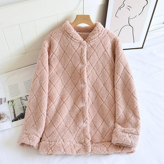 Bed Jackets for Women Winter Sleepwear Tops Button down Casual Warm Thermal Shirts Ladies Fuzzy Fleece Loungewear New Pinky L