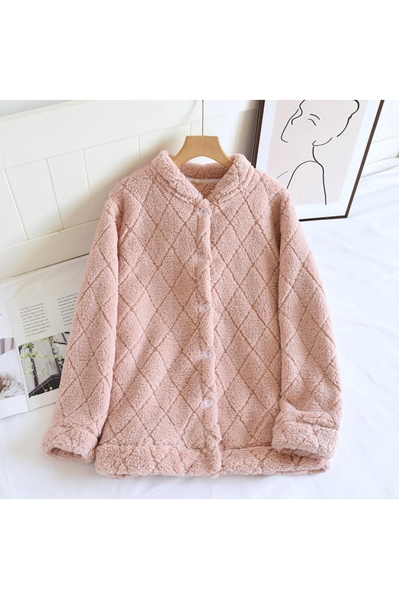 Bed Jackets for Women Winter Sleepwear Tops Button down Casual Warm Thermal Shirts Ladies Fuzzy Fleece Loungewear New Pinky L