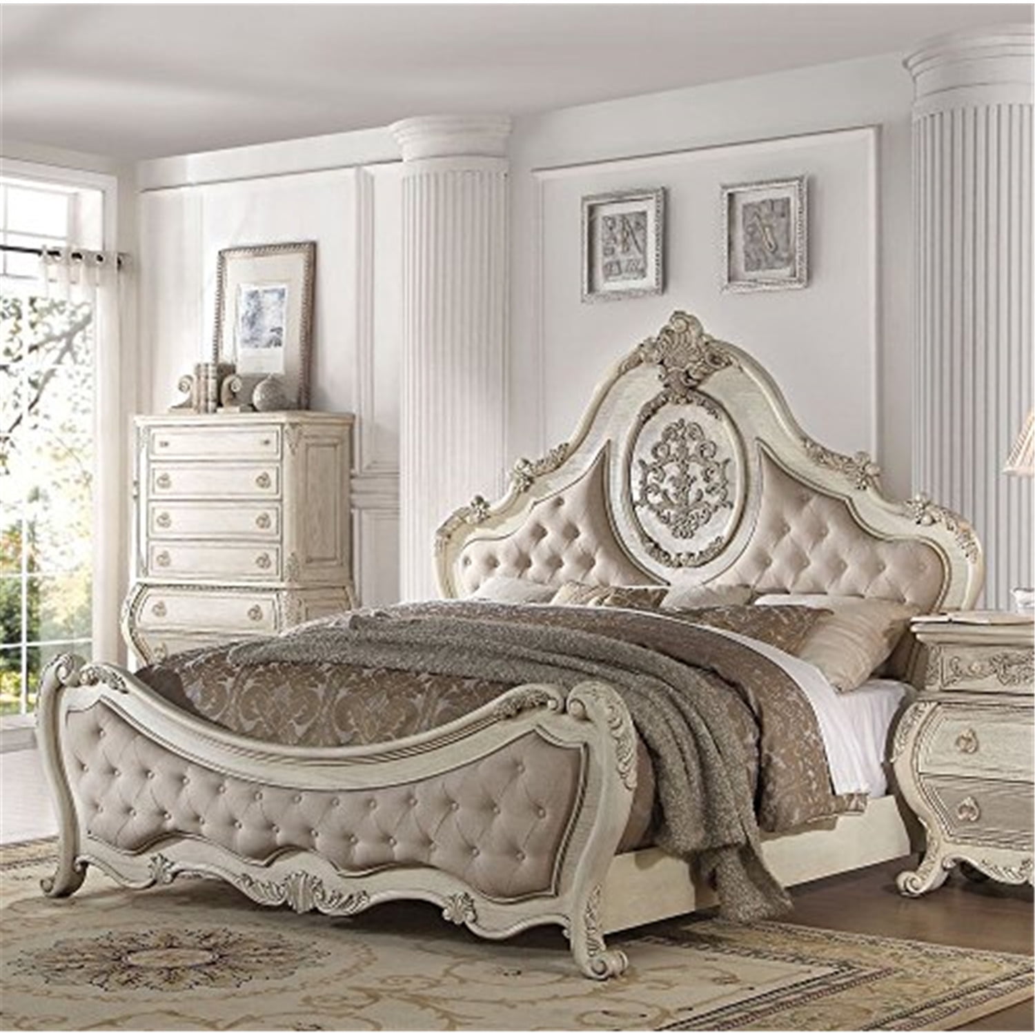 King Beige Linen and Antique White Tufted Upholstered Bed