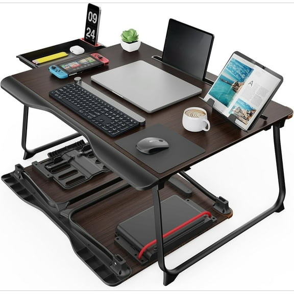 Bed Laptop Desk, Foldable, for Writing, Working, Gaming, Drawing, with Storage Drawer, (Brown)
