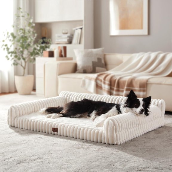 Bed Large  Beds with Removable Washable Cover, Couch-Like Sofa Design for S to XXL Dogs Up to 50 lbs, with Soft Short Plush Surface & , 35x25x9.5 Inch, Cream
