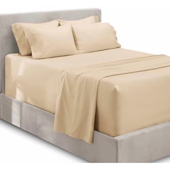 Bed Linen Set - Queen Size, 6 Piece, Extra Deep Pocket, Cream, Microfiber