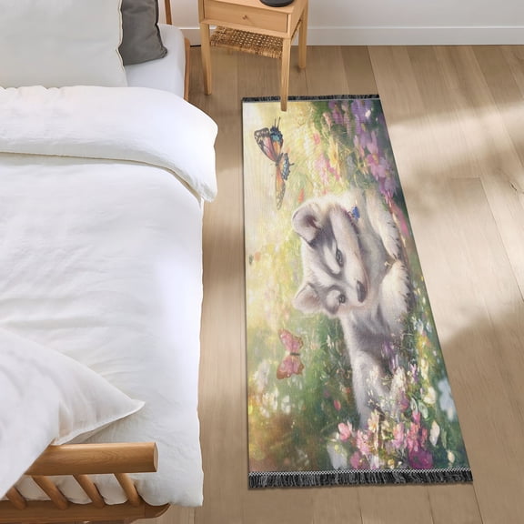 Bed Long Carpet Bed Rug 72x23.5In Indoor Non-Slip Durable Carpet Floor Mat Runner Rug Bedroom Hallway Carpet Machine Washable Beautiful Cute Husky