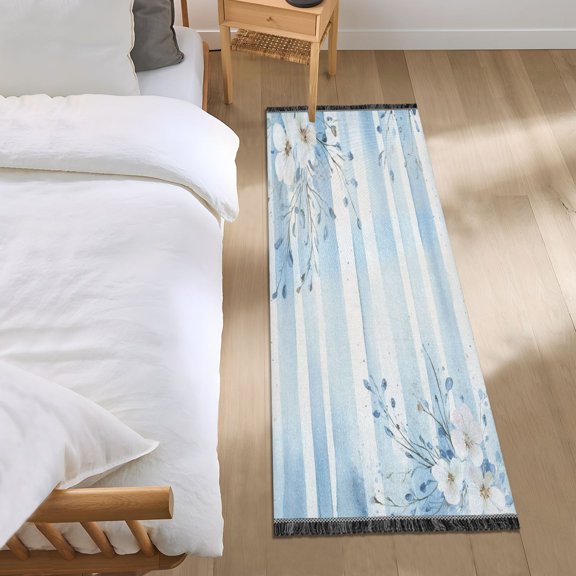 Bed Long Carpet Bed Rug 72x23.5In Indoor Non-Slip Durable Carpet Floor Mat Runner Rug Bedroom Hallway Carpet Machine Washable Beautiful Pretty Blue Flowers