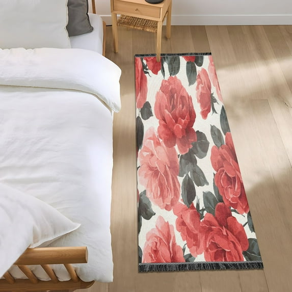 Bed Long Carpet Bed Rug 72x23.5In Indoor Non-Slip Durable Carpet Floor Mat Runner Rug Bedroom Hallway Carpet Machine Washable Beautiful Red Rose