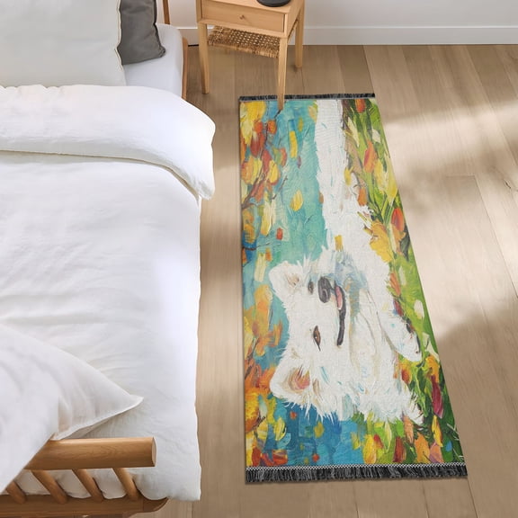 Bed Long Carpet Bed Rug 72x23.5In Indoor Non-Slip Durable Carpet Floor Mat Runner Rug Bedroom Hallway Carpet Machine Washable Beautiful White Dog