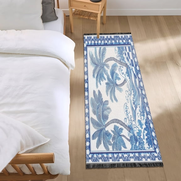 Bed Long Carpet Bed Rug 72x23.5In Indoor Non-Slip Durable Carpet Floor Mat Runner Rug Bedroom Hallway Carpet Machine Washable Blue Tree