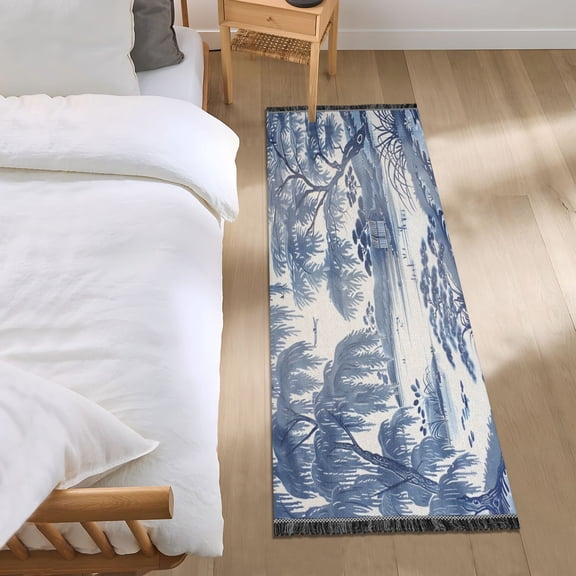 Bed Long Carpet Bed Rug 72x23.5In Indoor Non-Slip Durable Carpet Floor Mat Runner Rug Bedroom Hallway Carpet Machine Washable Blue Willow