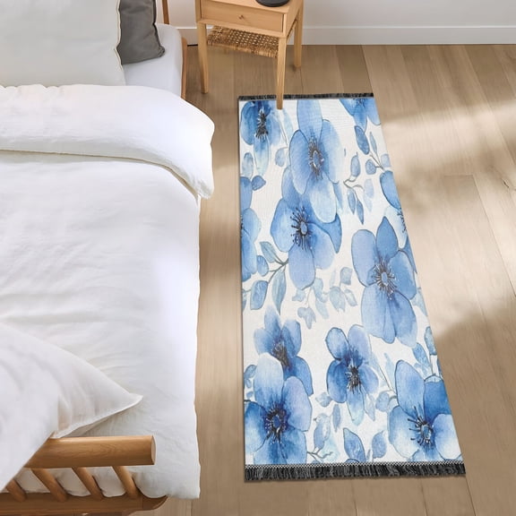 Bed Long Carpet Bed Rug 72x23.5In Indoor Non-Slip Durable Carpet Floor Mat Runner Rug Bedroom Hallway Carpet Machine Washable Cartoon Blue Flowers