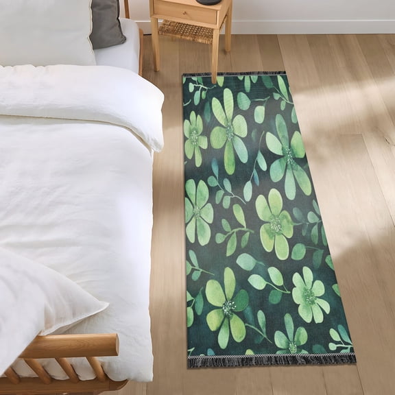 Bed Long Carpet Bed Rug 72x23.5In Indoor Non-Slip Durable Carpet Floor Mat Runner Rug Bedroom Hallway Carpet Machine Washable Cartoon Green Flowers