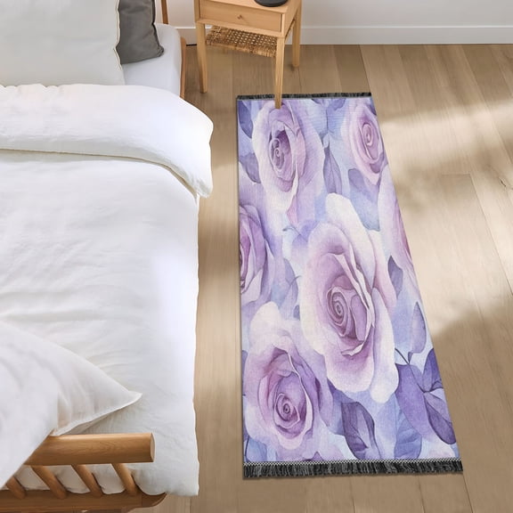 Bed Long Carpet Bed Rug 72x23.5In Indoor Non-Slip Durable Carpet Floor Mat Runner Rug Bedroom Hallway Carpet Machine Washable Cartoon Lavender Roses