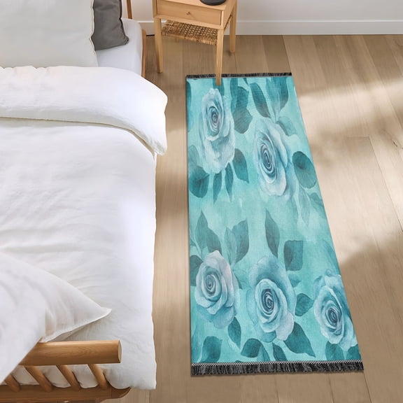 Bed Long Carpet Bed Rug 72x23.5In Indoor Non-Slip Durable Carpet Floor Mat Runner Rug Bedroom Hallway Carpet Machine Washable Cartoon Navy Roses
