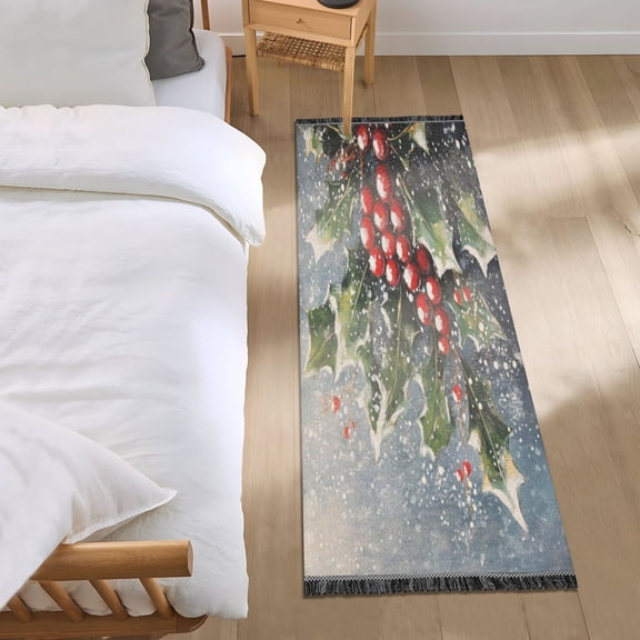 Bed Long Carpet Bed Rug 72x23.5In Indoor Non-Slip Durable Carpet Floor Mat Runner Rug Bedroom Hallway Carpet Machine Washable Christmas Holly and Mistletoe