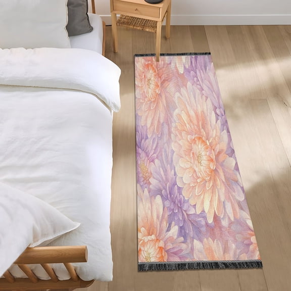 Bed Long Carpet Bed Rug 72x23.5In Indoor Non-Slip Durable Carpet Floor Mat Runner Rug Bedroom Hallway Carpet Machine Washable Chrysanthemums Cream